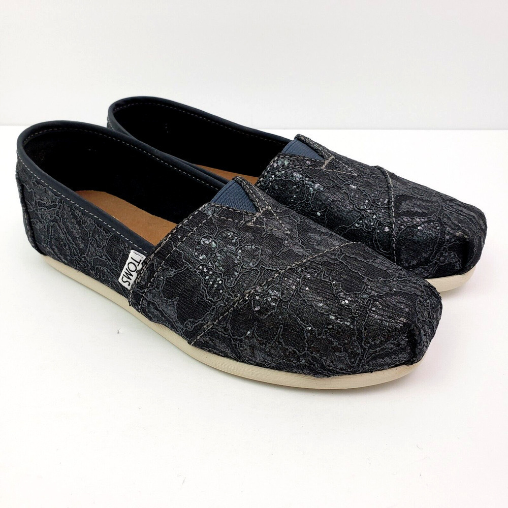 Toms Classic Lace Glitter Womens Size 5 Navy Blue Slip On Loafer Shoes